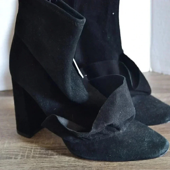 Black Suede Ruffle Booties with Block Heel - Picture 3 of 12